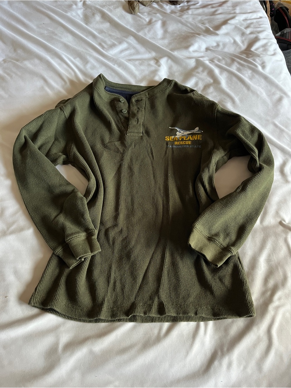 Faded Glory Olive Green Long Sleeve Thermal Henley with Rescue Graphic